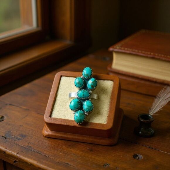 Unique Blue Copper Turquoise Multi Stone Ring Southwestern Silver Adjustable - Picture 2 of 6